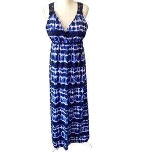 Faded Glory Tie Dye Maxi Dress V Neck Crochet Back Size 16/18 Blue White EUC